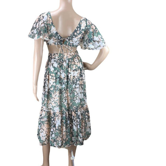 New ASOS Design Green Peach Blurred Floral Print Tie Front Cutout Midi Dress 8 - Picture 7 of 11